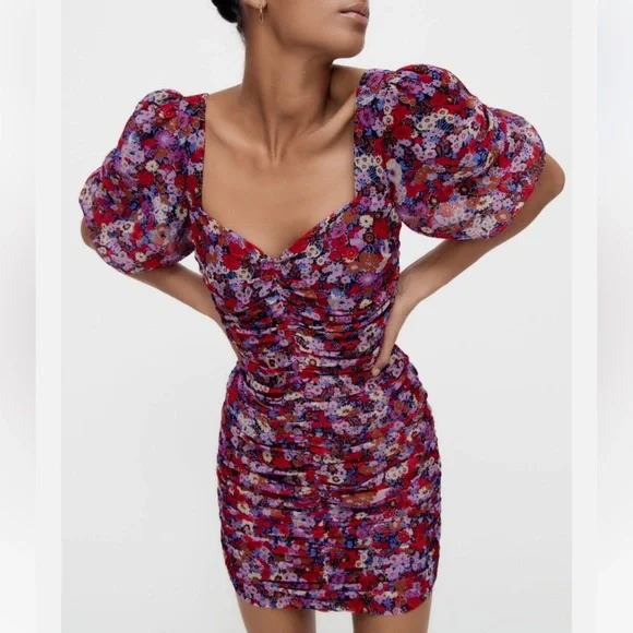 Zara Red Floral Short Sleeve Mini Dress - Picture 3 of 8